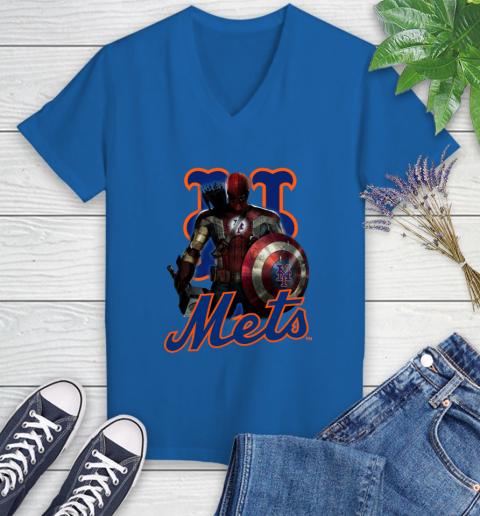MLB Captain America Thor Spider Man Hawkeye Avengers Endgame Baseball New York Mets Women's V-Neck T-Shirt 10