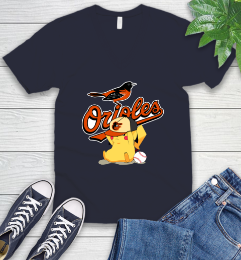 MLB Pikachu Baseball Sports Baltimore Orioles V-Neck T-Shirt 3
