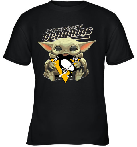 Baby Yoda Hugs The Pittsburgh Penguins Ice Hockey Youth T-Shirt