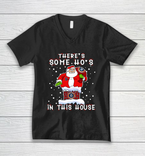 Detroit Tigers Christmas There Is Some Hos In This House Santa Stuck In The Chimney MLB V-Neck T-Shirt