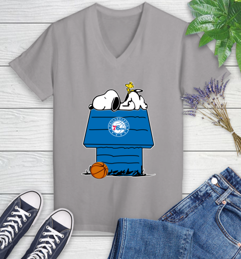 Philadelphia 76ers NBA Basketball Snoopy Woodstock The Peanuts Movie Women's V-Neck T-Shirt 4