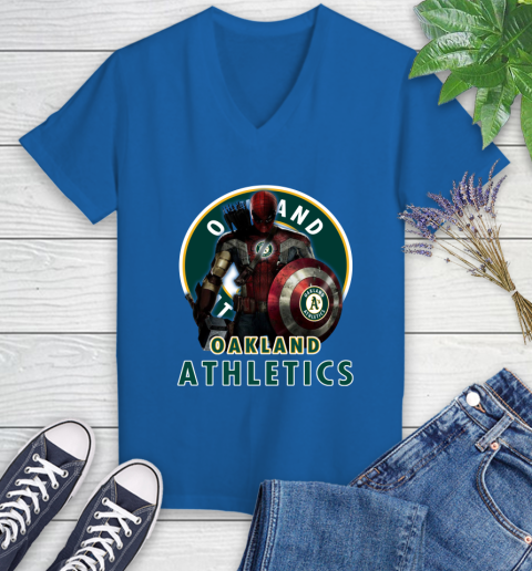 MLB Captain America Thor Spider Man Hawkeye Avengers Endgame Baseball Oakland Athletics Women's V-Neck T-Shirt 10