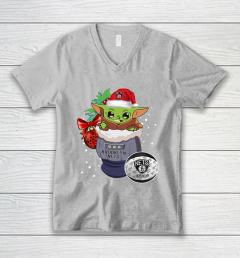 Brooklyn Nets Christmas Baby Yoda Star Wars Funny Happy NBA V-Neck T-Shirt 4