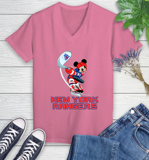NHL Hockey New York Rangers Cheerful Mickey Mouse Shirt Women's V-Neck T-Shirt 11