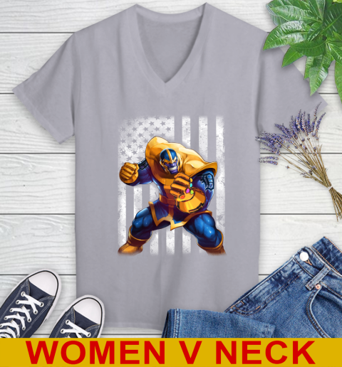 MLB Baseball Detroit Tigers Thanos Marvel American Flag Shirt Women's V-Neck T-Shirt 4