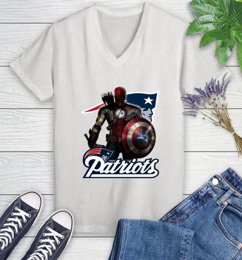 NFL Captain America Thor Spider Man Hawkeye Avengers Endgame Football New England Patriots Women's V-Neck T-Shirt