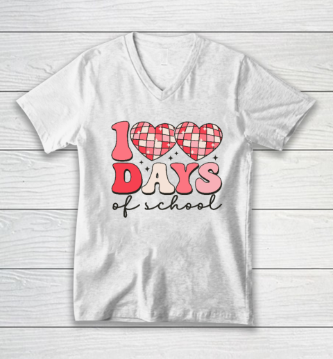 100 Days of School Retro Disco Hearts 100th Day Of School V-Neck T-Shirt