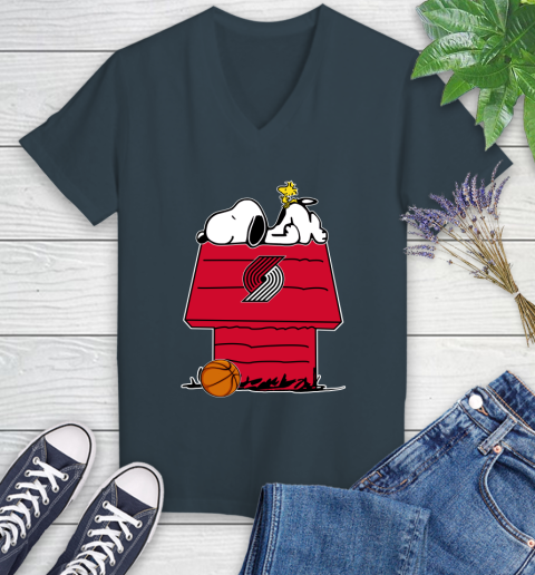 Portland Trail Blazers NBA Basketball Snoopy Woodstock The Peanuts Movie Women's V-Neck T-Shirt 9 Portland Trail Blazers NBA Basketball Snoopy Woodstock The Peanuts Movie Women's V-Neck T-Shirt - Image 9