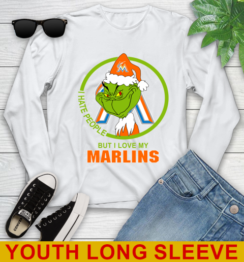 Miami Marlins MLB Christmas Grinch I Hate People But I Love My Favorite Baseball Team Youth Long Sleeve