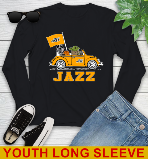 NBA Basketball Utah Jazz Darth Vader Baby Yoda Driving Star Wars Shirt Youth Long Sleeve 2