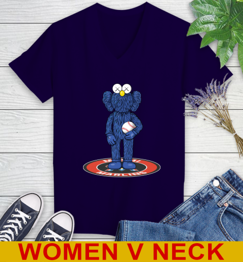MLB Baseball Miami Marlins Kaws Bff Blue Figure Shirt Women's V-Neck T-Shirt 4