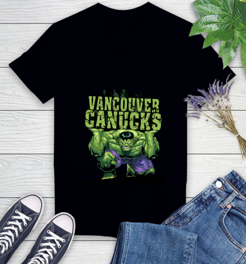 Vancouver Canucks NHL Hockey Incredible Hulk Marvel Avengers Sports Women's V-Neck T-Shirt 2