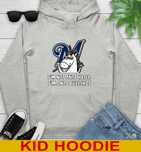 Milwaukee Brewers MLB Baseball Unicorn I'm Not Anti Hater I'm Anti Bullshit Youth Hoodie