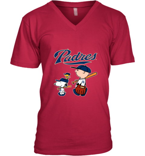s9l5 san diego padres lets play baseball together snoopy mlb shirt v neck unisex 8 front cherry red