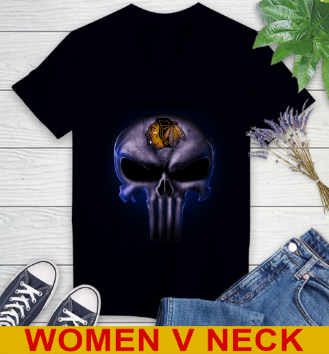 Chicago Blackhawks NHL Hockey Punisher Skull Sports Women's V-Neck T-Shirt