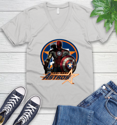 MLB Captain America Thor Spider Man Hawkeye Avengers Endgame Baseball Houston Astros V-Neck T-Shirt