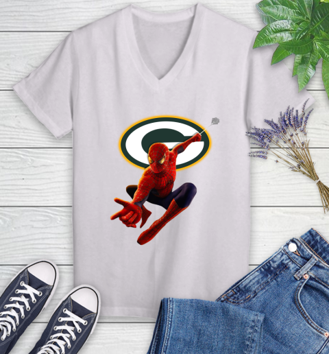 NFL Spider Man Avengers Endgame Football Green Bay Packers Women's V-Neck T-Shirt