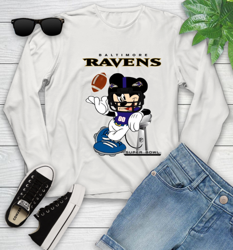 NFL Baltimore Ravens Mickey Mouse Disney Super Bowl Football T Shirt Youth Long Sleeve 12