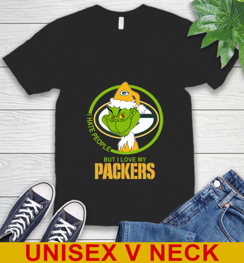 Green Bay Packers NFL Christmas Grinch I Hate People But I Love My Favorite Football Team V-Neck T-Shirt 2