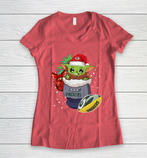 Green Bay Packers Christmas Baby Yoda Star Wars Funny Happy NFL Women's V-Neck T-Shirt 6