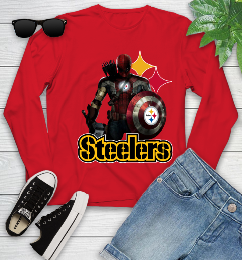 NFL Captain America Thor Spider Man Hawkeye Avengers Endgame Football Pittsburgh Steelers Youth Long Sleeve 11