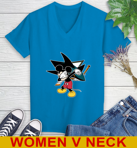 San Jose Sharks NHL Hockey Dabbing Mickey Disney Sports Women's V-Neck T-Shirt 8