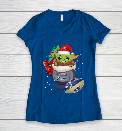 Los Angeles Rams Christmas Baby Yoda Star Wars Funny Happy NFL Women's V-Neck T-Shirt 9