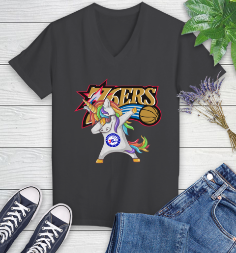 Philadelphia 76ers NBA Basketball Funny Unicorn Dabbing Sports Women's V-Neck T-Shirt 8