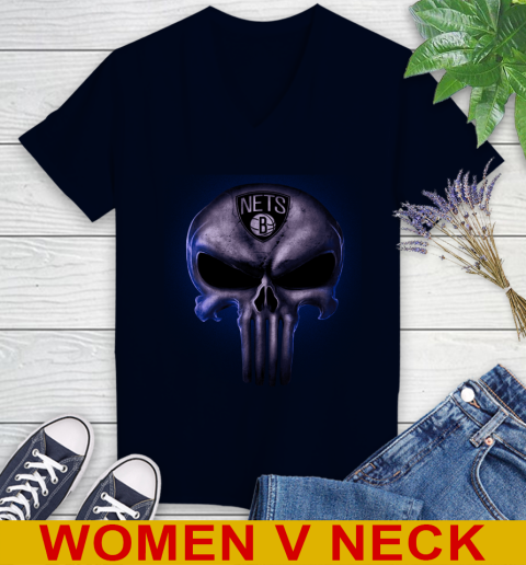 Brooklyn Nets NBA Basketball Punisher Skull Sports Women's V-Neck T-Shirt 2