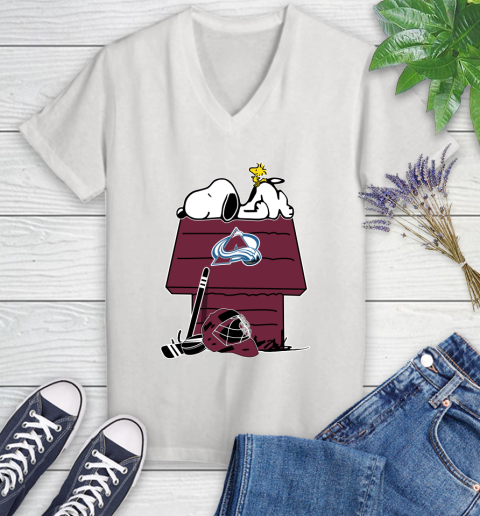 Colorado Avalanche NHL Hockey Snoopy Woodstock The Peanuts Movie Women's V-Neck T-Shirt