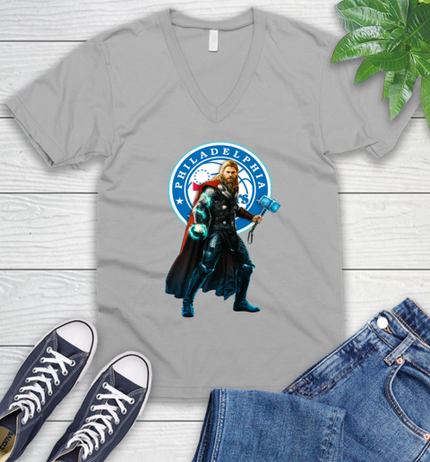 NBA Thor Avengers Endgame Basketball Philadelphia 76ers V-Neck T-Shirt 4