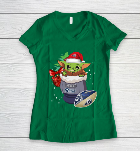 Los Angeles Rams Christmas Baby Yoda Star Wars Funny Happy NFL Women's V-Neck T-Shirt 5