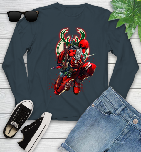 NBA Deadpool Marvel Comics Sports Basketball Milwaukee Bucks Youth Long Sleeve 8