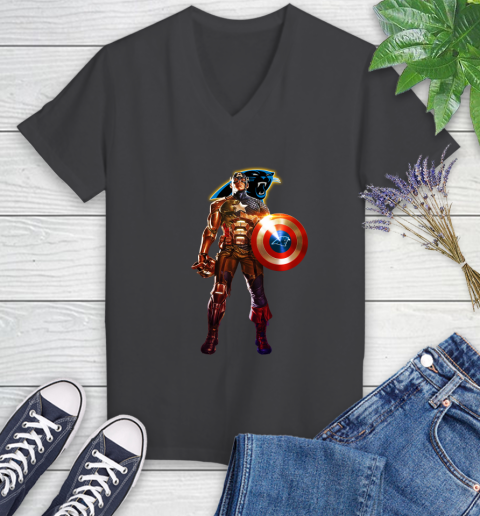 NFL Captain America Marvel Avengers Endgame Football Sports Carolina Panthers Women's V-Neck T-Shirt 8