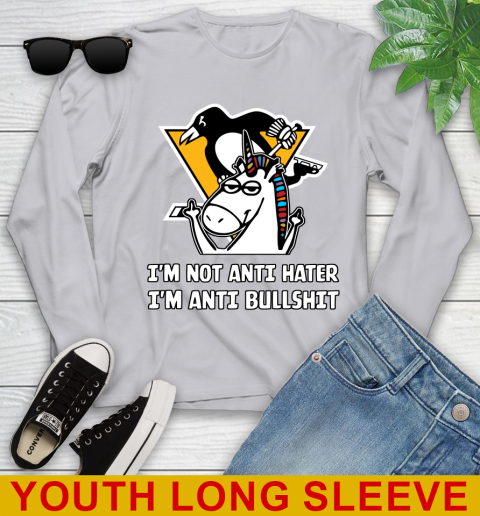 Pittsburgh Penguins NHL Hockey Unicorn I'm Not Anti Hater I'm Anti Bullshit Youth Long Sleeve 6