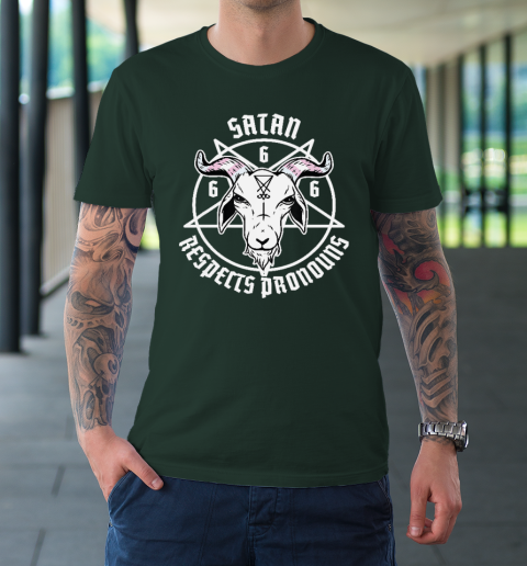 Satan Respects Pronouns Transgender Pentagram Trans Flag T-Shirt 3