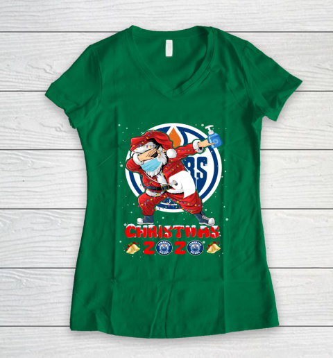 Edmonton Oilers Funny Santa Claus Dabbing Christmas 2020 NHL Women's V-Neck T-Shirt 3