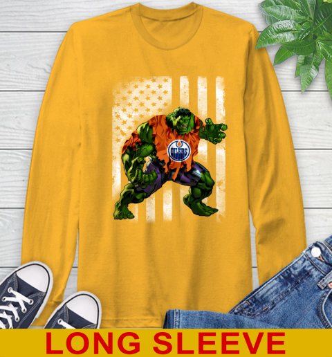 Edmonton Oilers Hulk Marvel Avengers NHL Hockey American Flag Long Sleeve T-Shirt 2