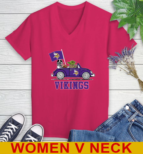 NFL Football Minnesota Vikings Darth Vader Baby Yoda Driving Star Wars Shirt Women's V-Neck T-Shirt 10