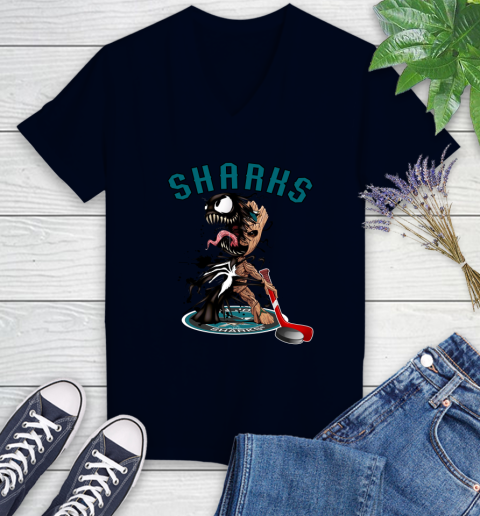 NHL San Jose Sharks Hockey Venom Groot Guardians Of The Galaxy Women's V-Neck T-Shirt 3