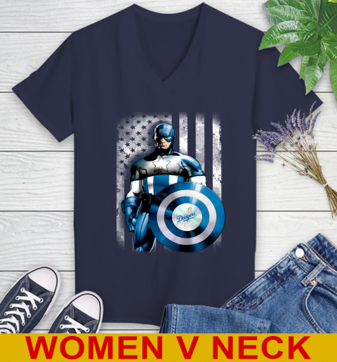 Los Angeles Dodgers MLB Baseball Captain America Marvel Avengers American Flag Shirt Women's V-Neck T-Shirt 12