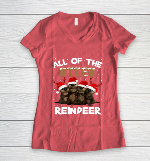 All Of Otter Reindeer Christmas Pajamas Tshirt Xmas Women's V-Neck T-Shirt 4