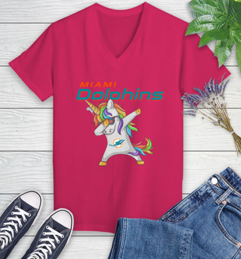 Miami Dolphins NFL Football Funny Unicorn Dabbing Sports Women's V-Neck T-Shirt 9