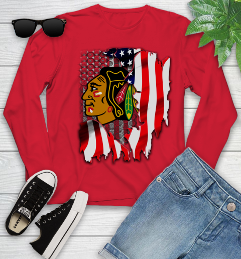 Chicago Blackhawks NHL Hockey American Flag Youth Long Sleeve 11