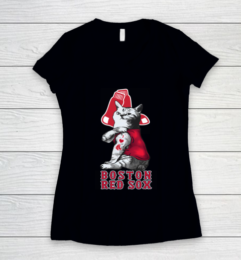 MLB Baseball My Cat Loves Boston Red Sox Women's V-Neck T-Shirt