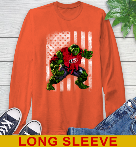 Carolina Hurricanes Hulk Marvel Avengers NHL Hockey American Flag Long Sleeve T-Shirt 4