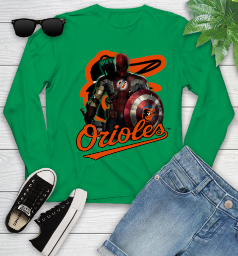 MLB Captain America Thor Spider Man Hawkeye Avengers Endgame Baseball Baltimore Orioles Youth Long Sleeve 6