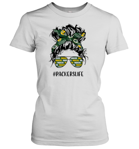 Packers Life Green Bay Packers Messy Bun Girl With Headband And Glasses for Football Lover Women's T-Shirt