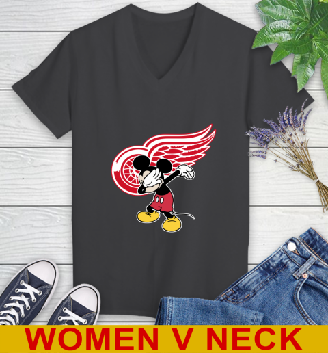 Detroit Red Wings NHL Hockey Dabbing Mickey Disney Sports Women's V-Neck T-Shirt 9