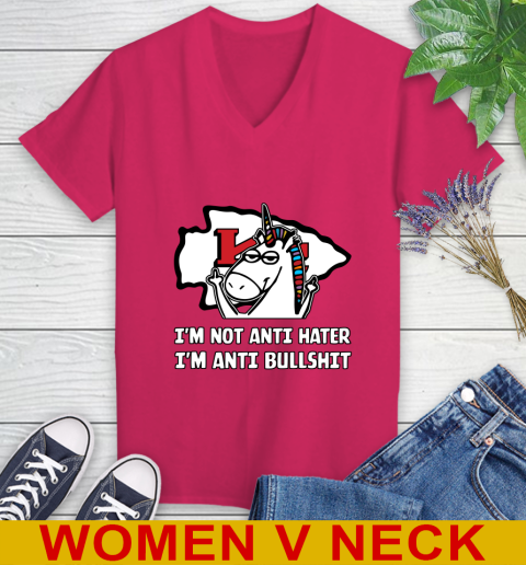 Kansas City Chiefs NFL Football Unicorn I'm Not Anti Hater I'm Anti Bullshit Women's V-Neck T-Shirt 10